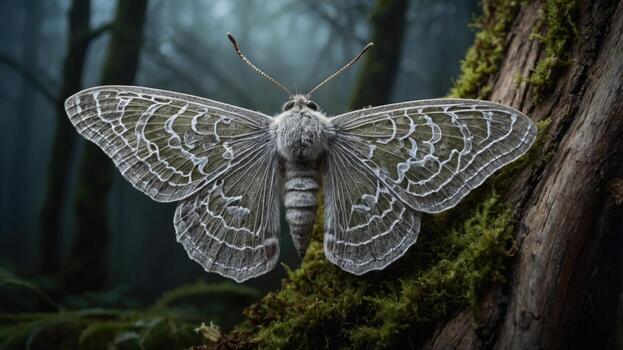 Detailed close-up of a moth resting on a moss-covered tree trunk in a misty forest setting photo