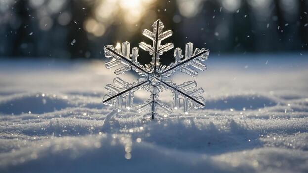 A close-up of a snowflake resting on fresh snow, with sunlight filtering through trees in the background photo