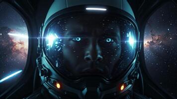 astratto futuristico sfondo con futuristico spazio, cibernetico astronauta nel velocità di curvatura navicella spaziale con cosmico riflessi video