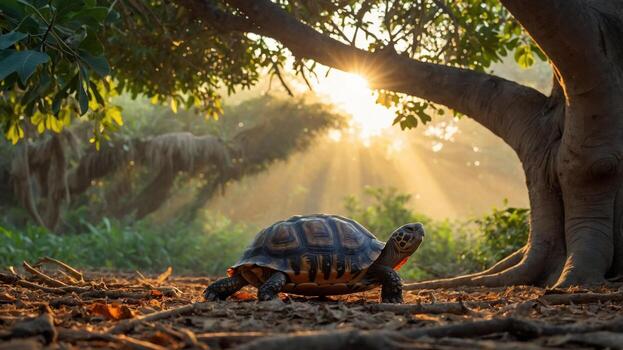 A serene tortoise moving through a sunlit forest, with rays of light filtering through trees photo