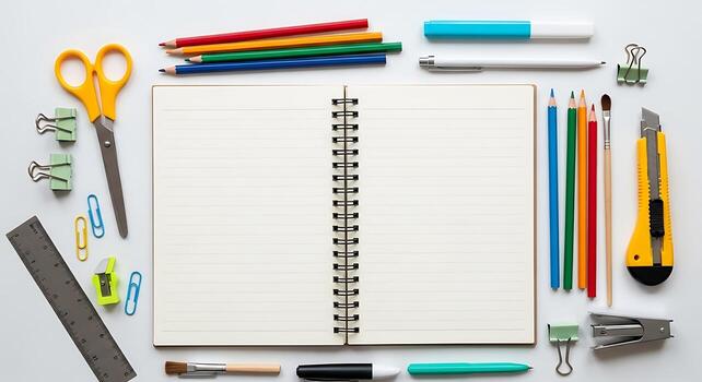 Back to School Flat Lay Open Notebook with Colorful Stationery for Creative Learning and Design Projects photo