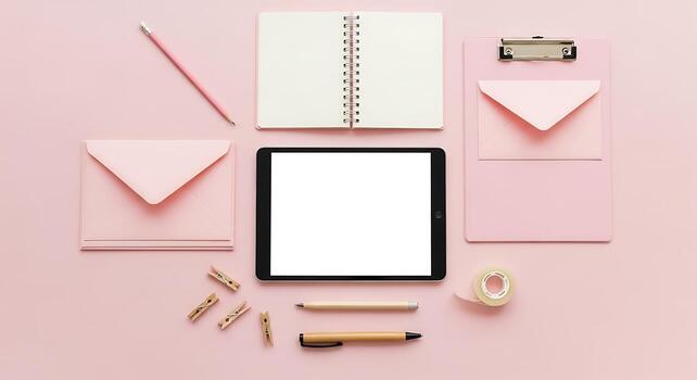 Workspace Mockup with Tablet Notepad Stationery on Pink Background for Branding Web Design and Social Media Projects photo