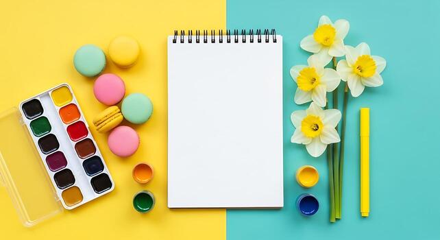 Spring Art Inspiration Open Notepad with Watercolor Paints Macarons and Daffodils on a Colorful Background photo