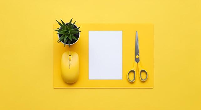 Yellow Workspace Flat Lay with Computer Mouse Succulent Scissors and Blank Paper Sheet for Creative Projects photo