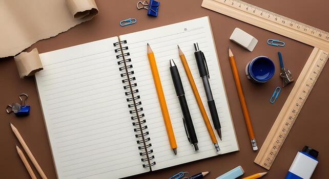 Workspace Flat Lay Open Notebook Pencils Rulers and Paper Scroll on Brown Background for Creative Design Projects photo