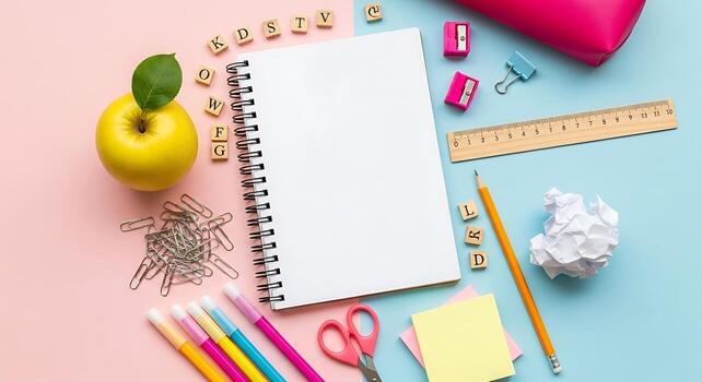 Pastel Workspace with Notebook Apple and Stationery for Creative Projects and Back to School Top View with Copy Space photo