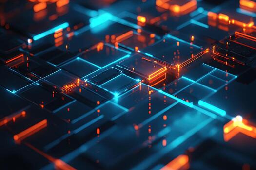Glowing cyan and orange lines intersect dark rectangles forming a network with depth and texture photo