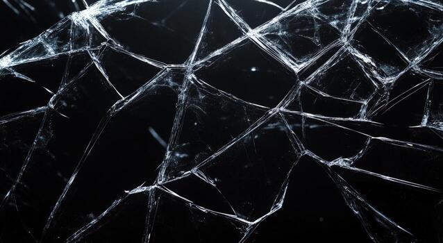 Shattered glass spreads across a dark backdrop revealing intricate crack patterns, creating a unique texture photo