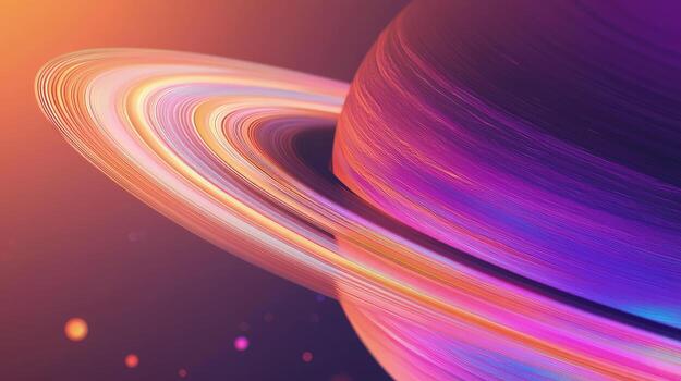 Colorful gradient planet structure with ring system displaying intricate lines against a blurred background photo