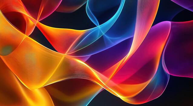 Colorful waves entwine, creating a vibrant abstract forms with luminous gradients against a dark background photo