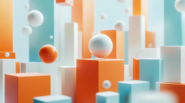 Floating white spheres populate geometric cityscape comprised of colorful cubes and rectangular columns photo