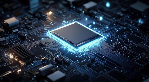 The illuminated central processor unit dominates circuit board with its glow and complex wiring structure photo