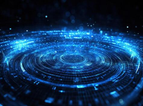 Concentric blue light patterns form a digital data hub in dark atmosphere photo
