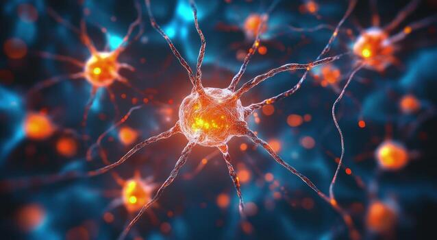 Neurons glow orange against a deep blue backdrop within a complex and intricate neural network photo
