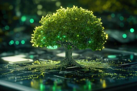 Digital tree with glowing leaves and a circuit board trunk rises from technology photo