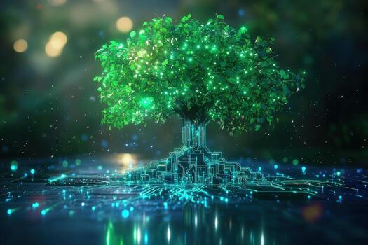 Luminous green tree intertwines nature and technology with circuit board base and shining bokeh lights photo
