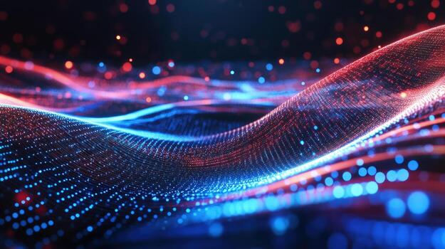 Wavy glowing surface pulsates with blue and red particle lights in a dark space photo