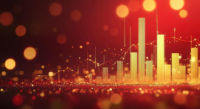 Golden bar graph charts ascend over a textured, abstract surface with bokeh on red background photo