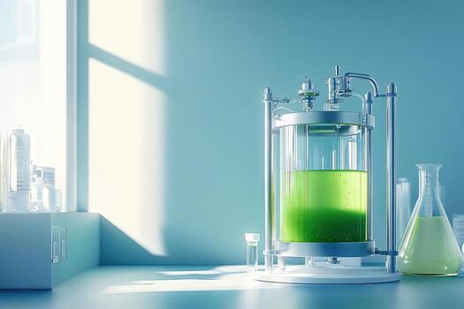 Clear bioreactor and conical flasks with green fluid sit within a laboratory setting near window photo
