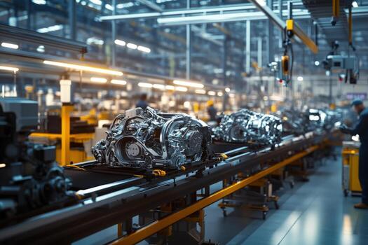 Automobile engines move along the factory line in a mechanical assembly environment with blurred worker photo