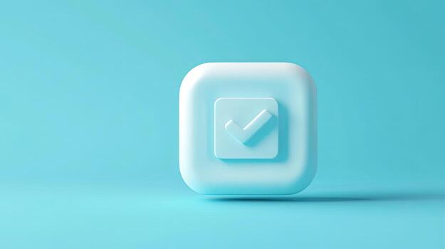 3D check mark inside a square button stands against a bright blue background photo