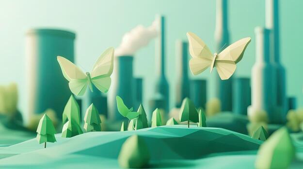 Two polygon butterflies hover above trees with factory smokestacks softly blurred behind them photo