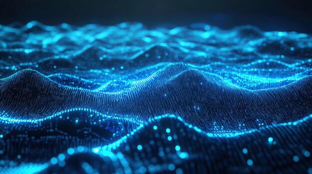 Abstract digital wave pattern formed with blue glowing particles creates a dynamic surface photo