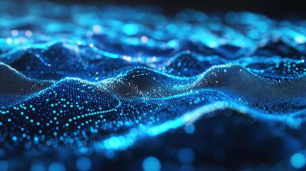 Abstract glowing blue digital wave pattern undulates smoothly with shimmering light reflections around each point photo