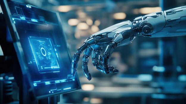 A polished robot arm touches the glowing screen displaying complex digital data analysis beautifully photo