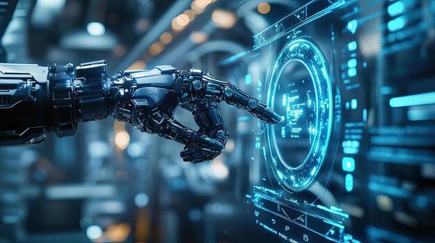 Metallic robotic arm interacts with a luminous digital interface, projecting future technology in cool tones photo