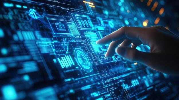 Person interacts with luminous holographic computer interface using a finger on the screen photo