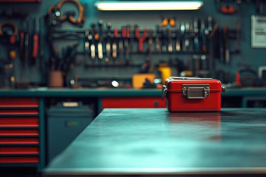 Red metal toolbox rests on a worktable within a cluttered garage setting, showing an organized aesthetic photo