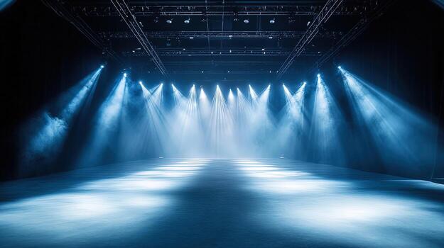 Bright spotlights illuminate the empty platform, creating a dramatic and visually stunning atmospheric scene photo