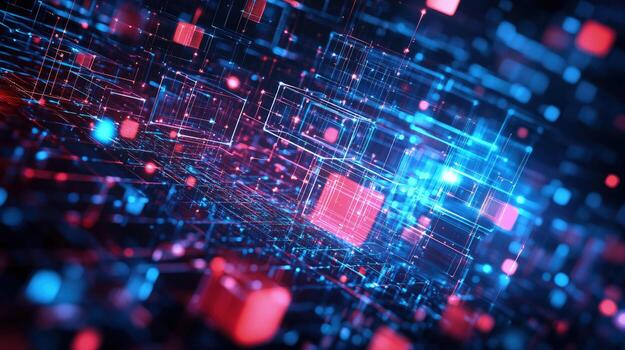 Abstract network features red square elements interconnected by glowing blue lines, creating depth photo