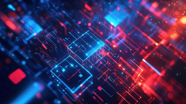 Glowing digital network with abstract blue and red lines illustrates a technology connection photo