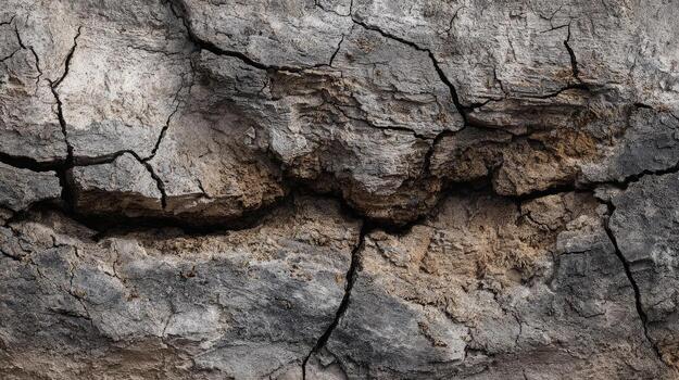 Severe cracks dramatically highlight the distressed texture of aging light gray tree bark for abstract use photo