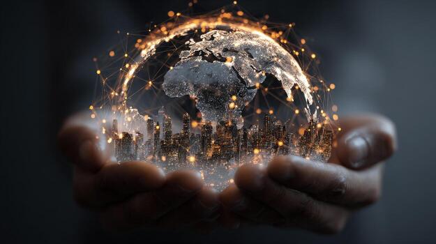 Dark skinned hands hold a glowing globe with connecting node system and city below photo