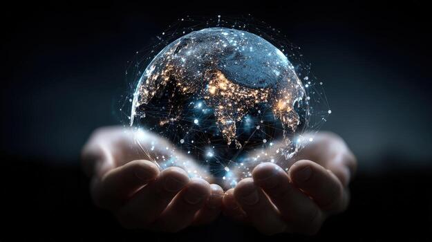 Hands cradling a digital globe displaying illuminated cities connected by a network in darkness photo