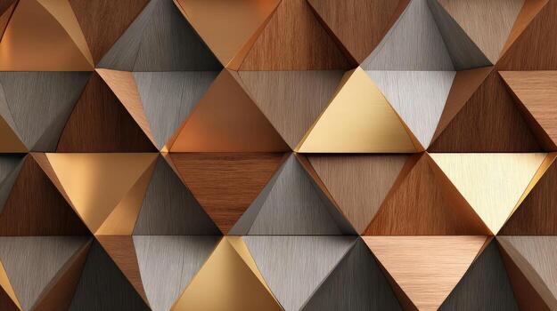 Varied wooden and metallic triangles create a dynamic geometric wall pattern with contrasting textures photo