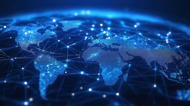 Connected world map reveals blue nodes and lines representing global data network photo