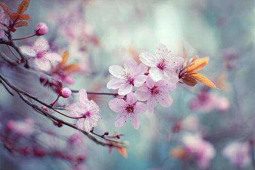 Soft pink blossoms on a branch are highlighted with warm bokeh in this spring view photo