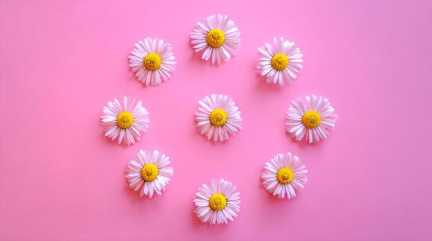 Delicate Daisies Arrayed in a Circular Pattern on Vibrant Pink Background Flower Pattern Design photo