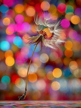 Ephemeral Dandelion Seed Head Displayed with Vibrant Abstract Bokeh Background Radiating Colorful photo