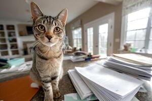 adorable atigrado gatito con curioso mirada se sienta encima un caótico espacio de trabajo lleno con papeleo y foto