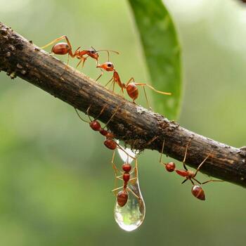Macro view of red ants interacting with a sap droplet on a tree branch photo