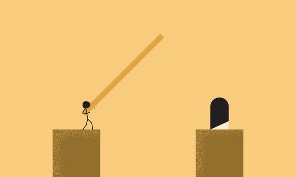 mínimo palo figura obra de arte de un hombre molesto a cruzar un acantilado utilizando un de madera tablón a un puerta en el siguiente acantilado vector