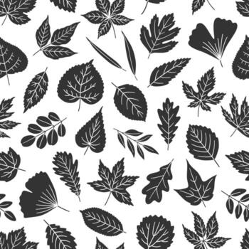 Seamless pattern with black silhouette leaves on white background. Leaf of maple, oak, linden, aspen, ginkgo, and others. Print for textile, package, and wrapping paper, illustration vector