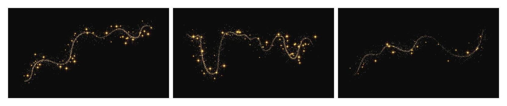 Gold glittering confetti wave and stardust. Set of three backdrops with golden sparkles on dark . Fine illustration vector