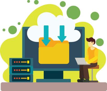 Man downloads data from cloud Illustration. Cloud data download illustration vector