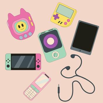 A set of game-shaped stickers. A set of games from the 90s. Retro style, hand-drawn. vector
